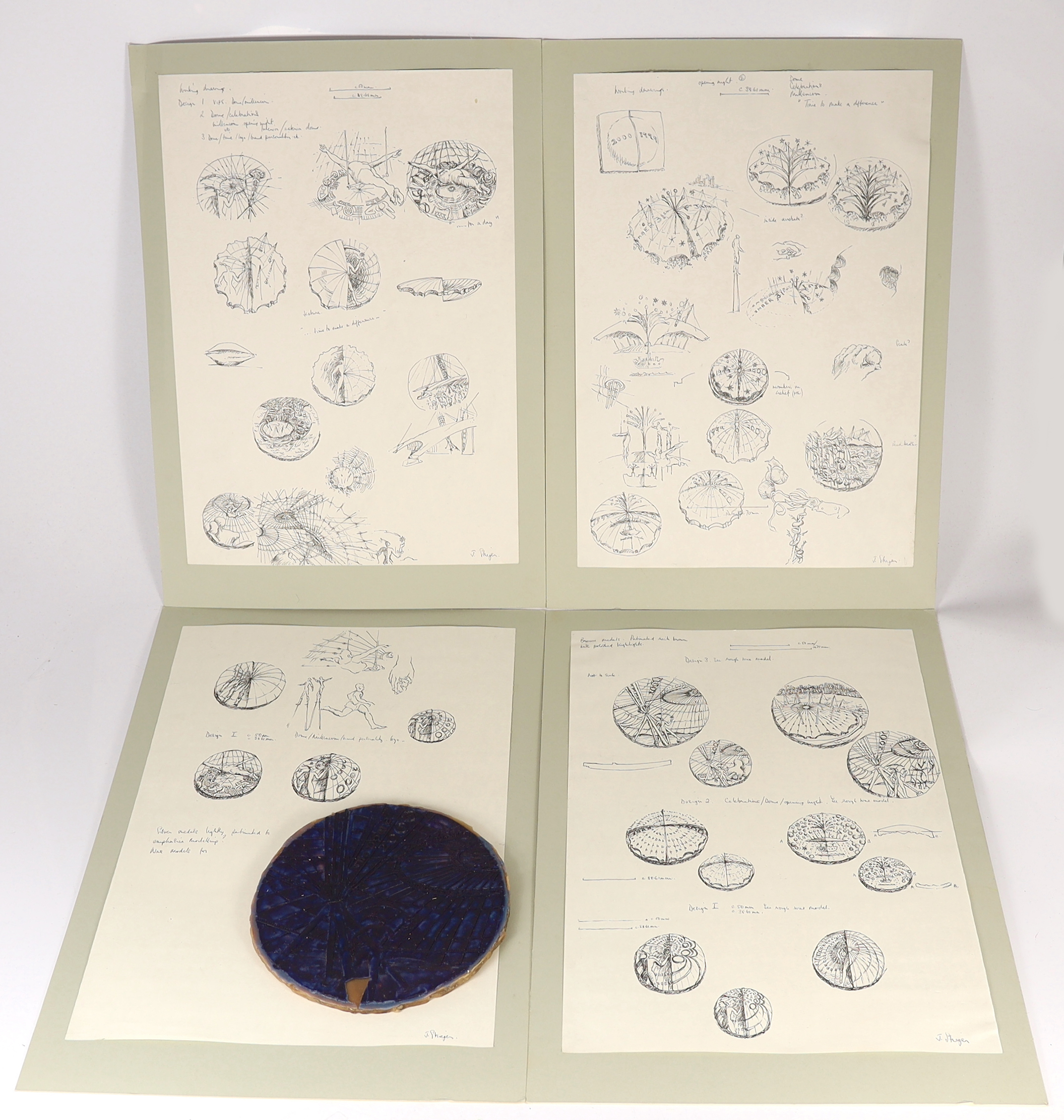 Jacqueline Stieger (b.1936) for the Royal Mint, a unique Millennium Dome medal oversize wax relief and a group of Dome medal and Timekeeper opening sequence concept sketches